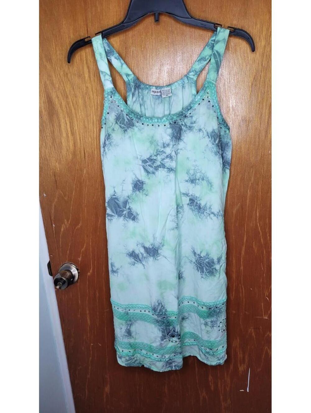 Raya Sun Womens Tie Dye Mini Dress Teal Blue Boho Sleeveless Cotton Rayon XL